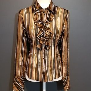 Worth Brown Striped Silk Ruffle front blouse